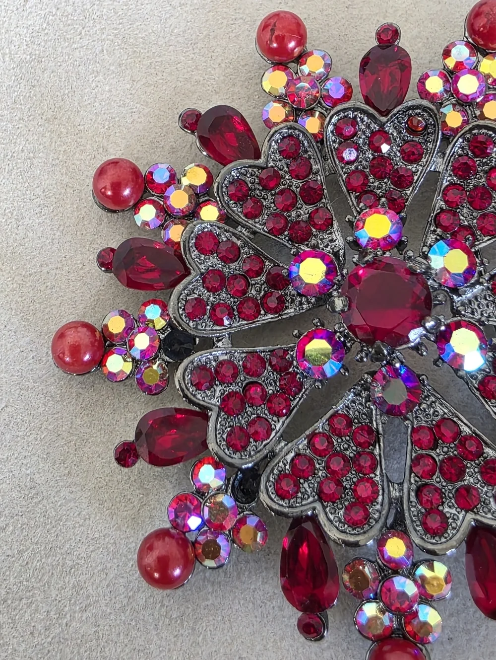 Silver Gunmetal with AB Red Rhinestone Flower Sunburst Brooch Pin